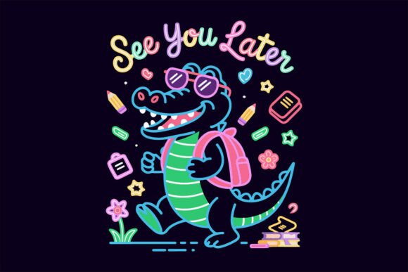 Cute Back to School Alligator Neon Png